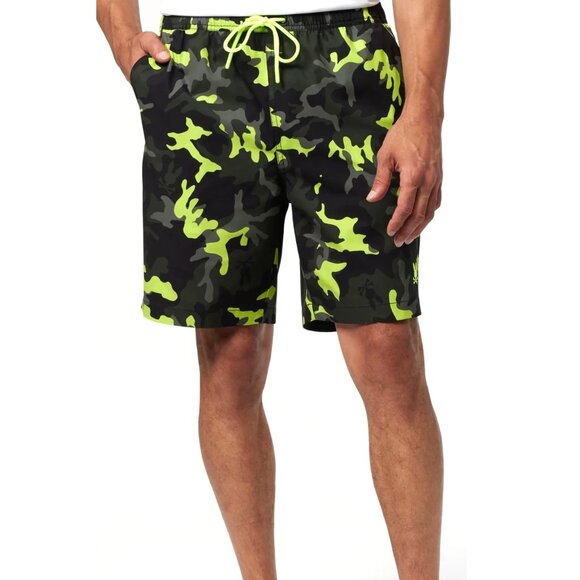 Psycho Bunny Men's Plano Camo Print Swim Trunks Shorts Pockets Mesh Brief Black